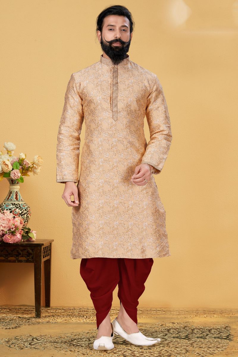 Beige Function Wear Readymade Glamorous Kurta Pyjama For Men In Jacquard Silk Fabric