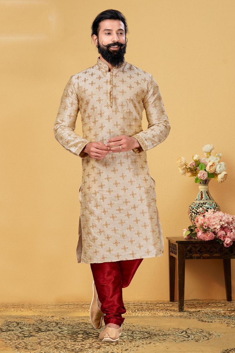 Dhupion Beige Color Readymade Men Kurta Pyjama For Function Wear