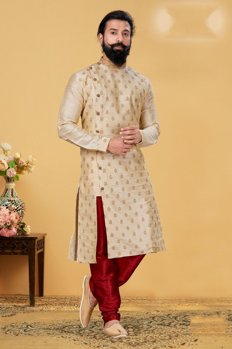 Beige Color Festive Wear Readymade Dhupion Kurta Pyjama For Men