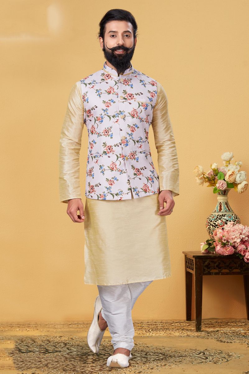 Beige Color Sangeet Wear Readymade Lovely Dhupion Silk Kurta Pyjama For Men With 3 Pcs Jacket Set