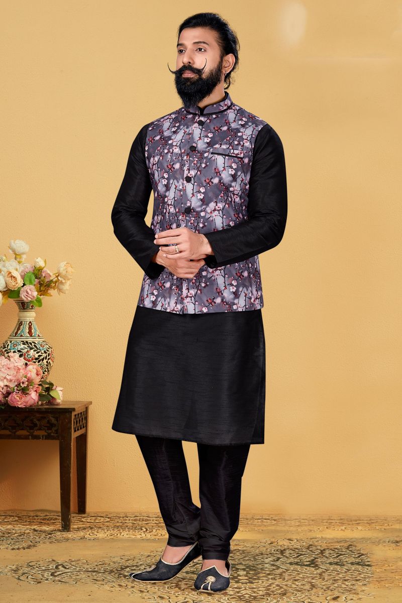 Black Color Dhupion Silk Men Kurta Jacket Set