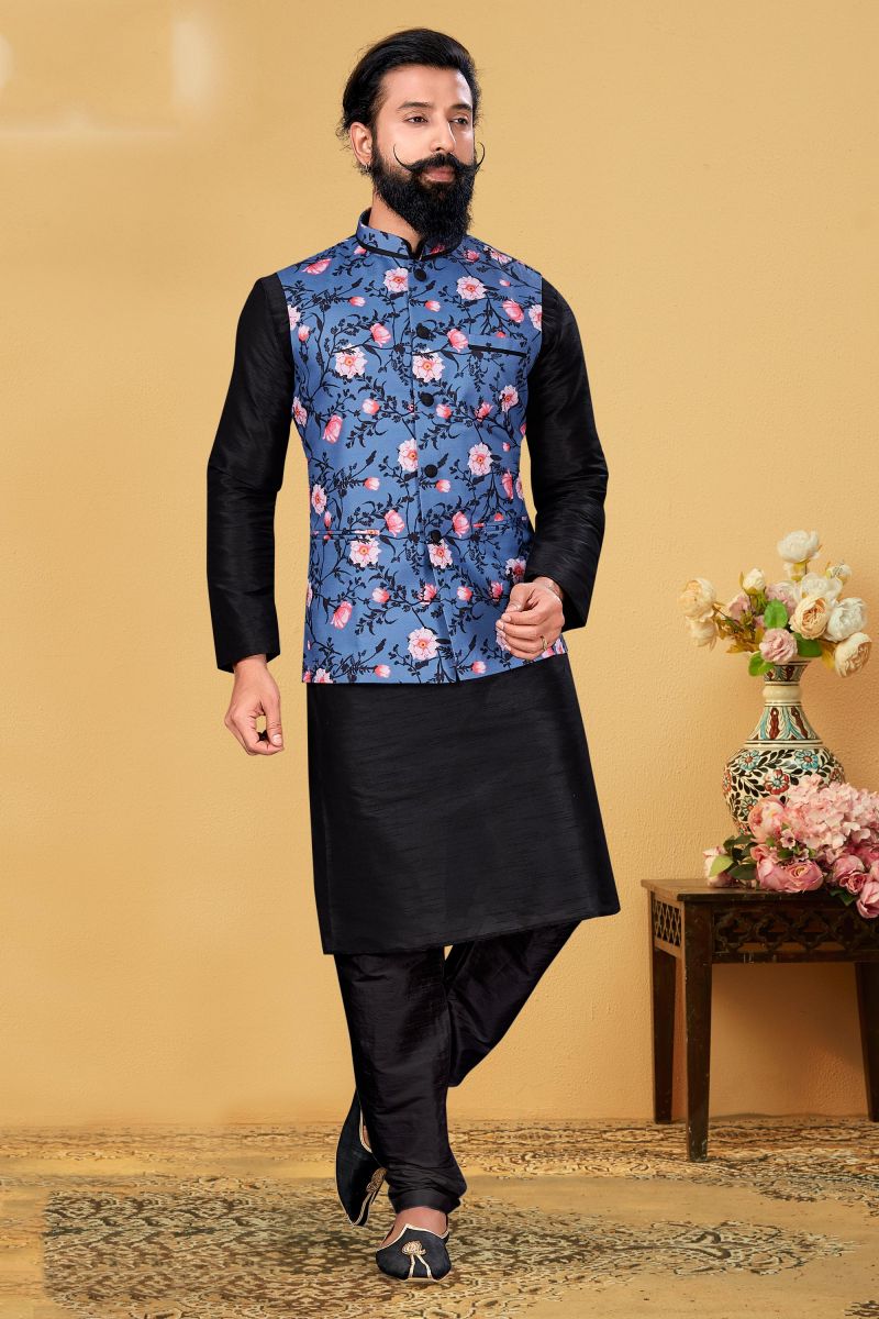 Dhupion Silk Men Black Color Ethnic Kurta With Pyjama And Trendy Jacket