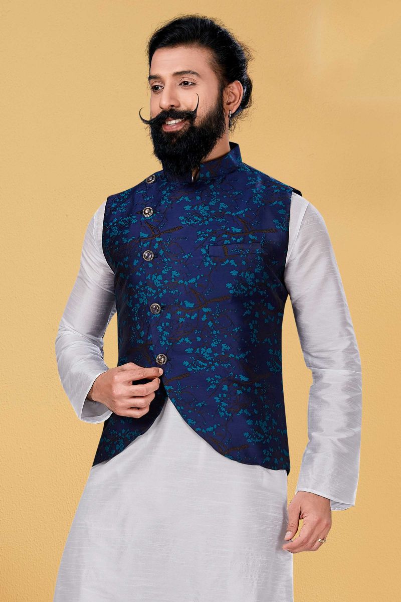 Blue Silk Sangeet Wear Trendy Readymade Men Jacket