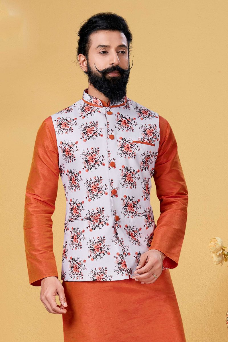 Peach Color Cotton Festive Wear Readymade Men Jacket