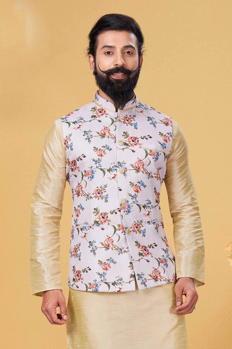 Sangeet Wear Beige Color Readymade Men Jacket In Cotton 