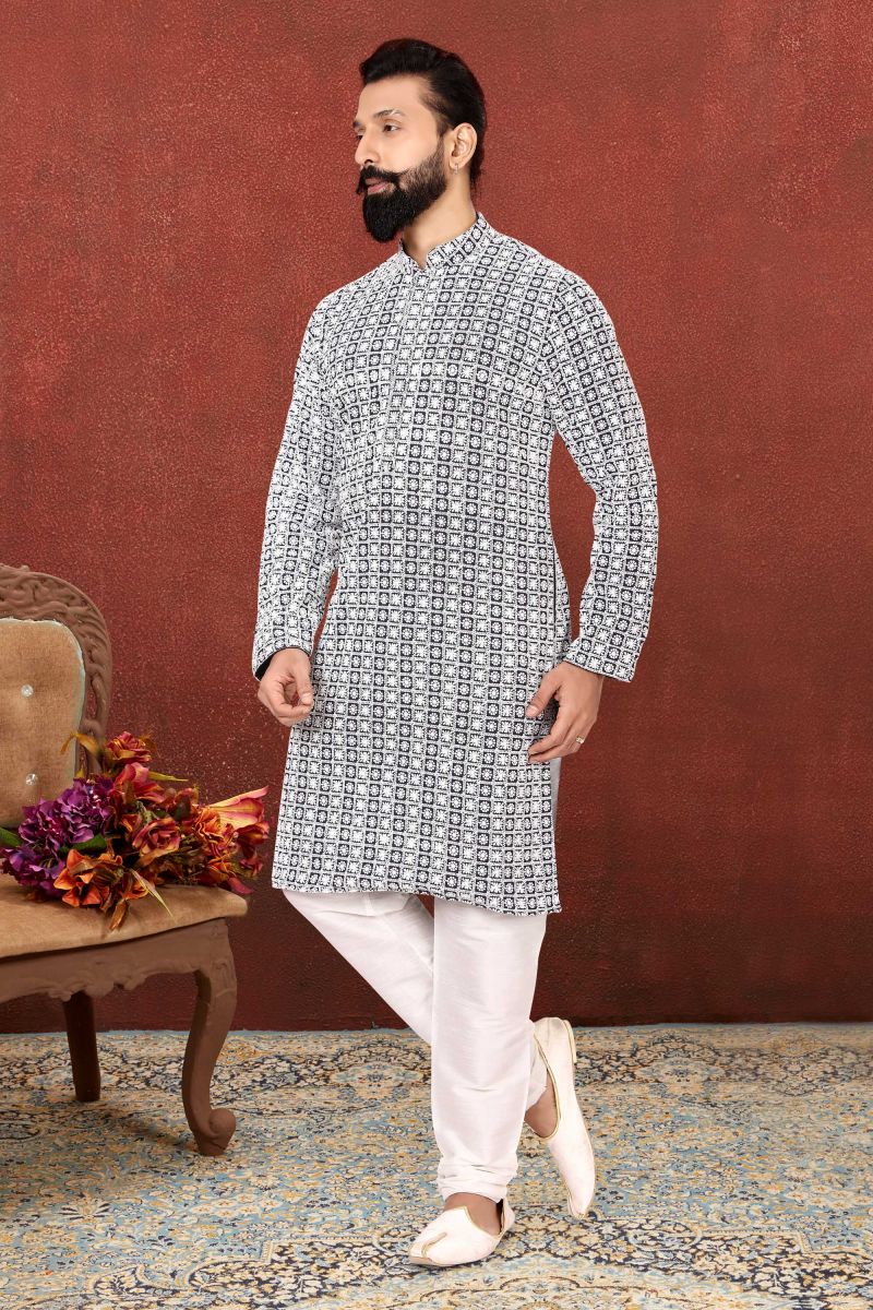 Georgette Fabric Black Color Festive Wear Readymade Men Kurta Pyjama