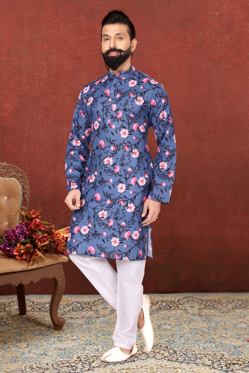 Blue Cotton Graceful Readymade Men Kurta Pyjama For Festive Wear