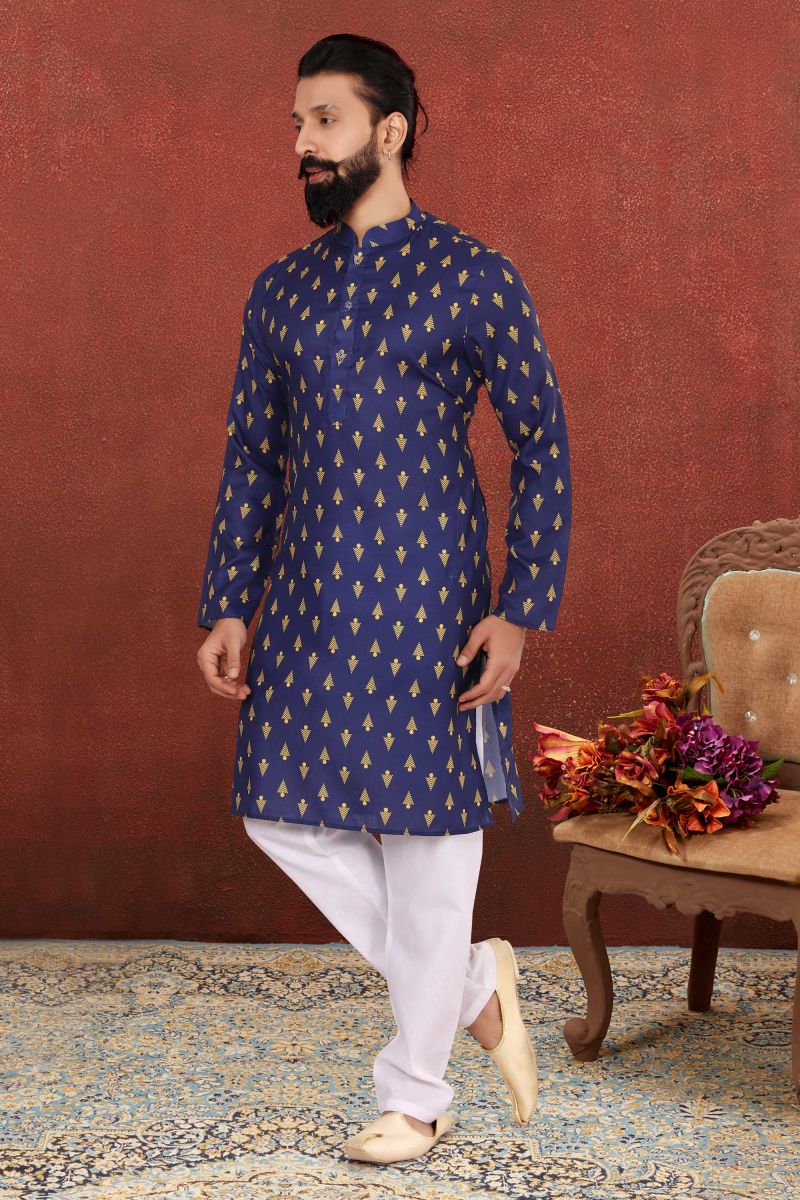 Blue Color Gorgeous Cotton Wedding Wear Kurta Pyjama For Men