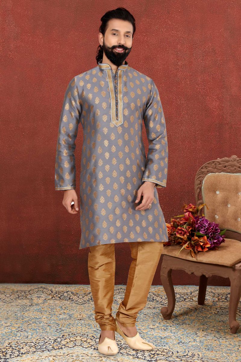 Grey Color Jacquard Silk Fabric Festive Wear Kurta Pyjama For Men