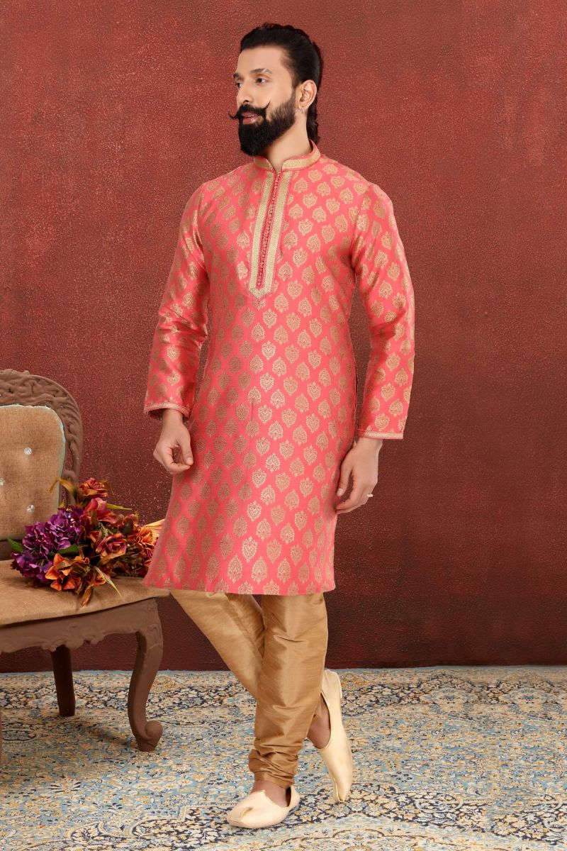 Jacquard Silk Fabric Pink Color Function Wear Kurta Pyjama For Men