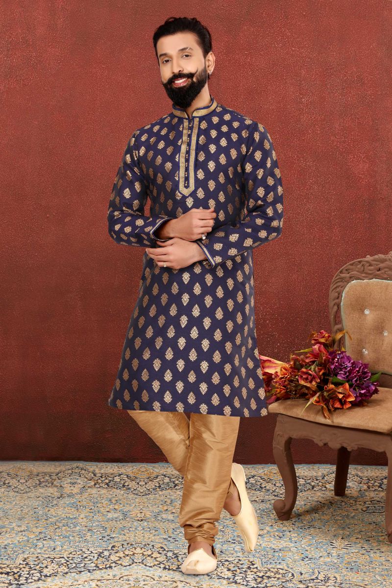 Navy Blue Color Function Wear Readymade Kurta Pyjama For Men In Jacquard Silk Fabric