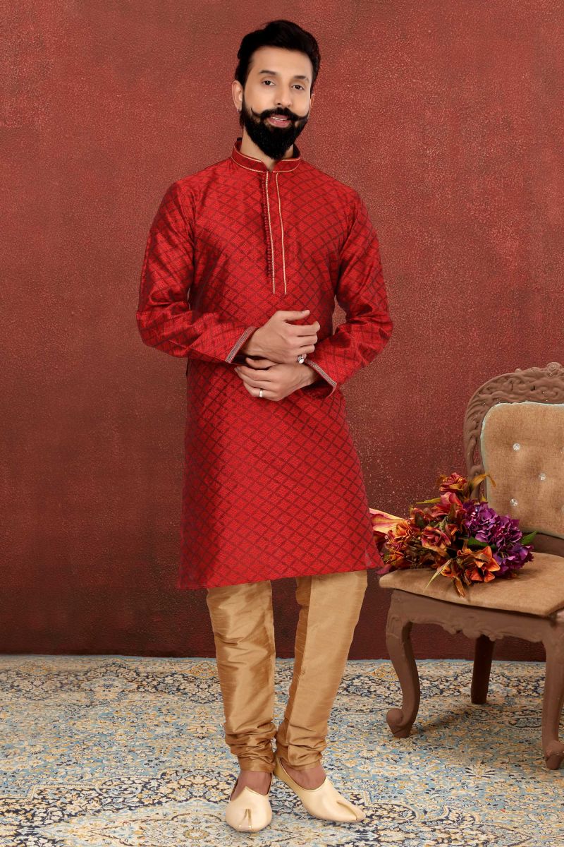 Red Color Fancy Fabric Readymade Kurta Pyjama For Men