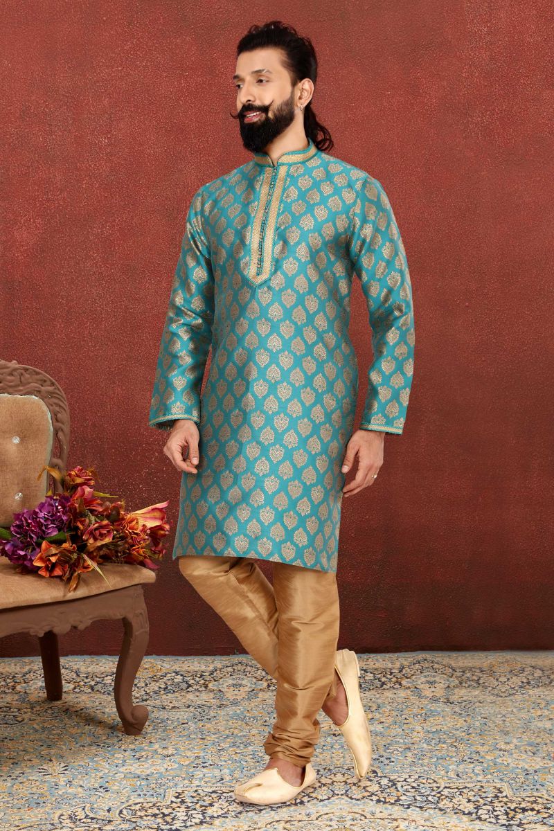 Jacquard Silk Fabric Cyan Color Readymade Kurta Pyjama For Men