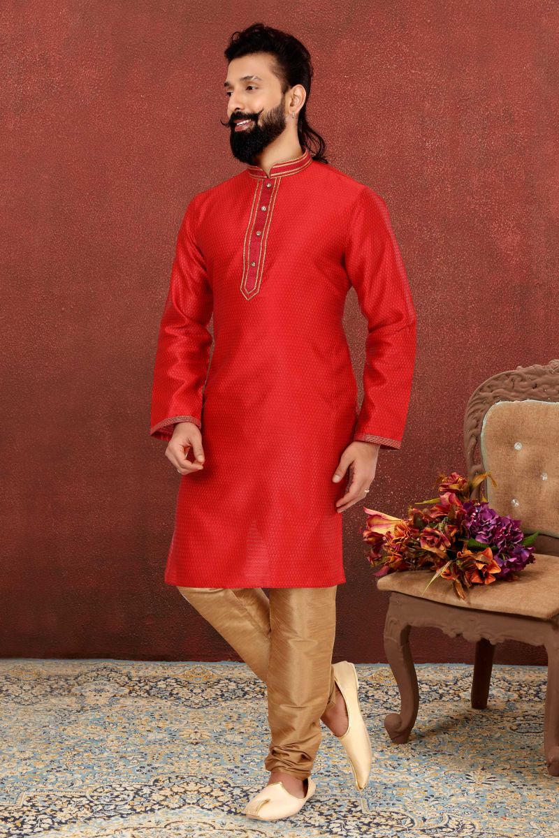 Red Color Fancy Fabric Function Wear Readymade Kurta Pyjama For Men