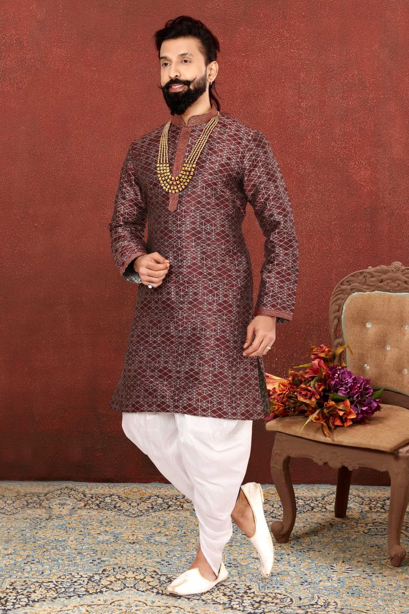 Jacquard Silk Fabric Maroon Color Readymade Men Stylish Kurta Pyjama