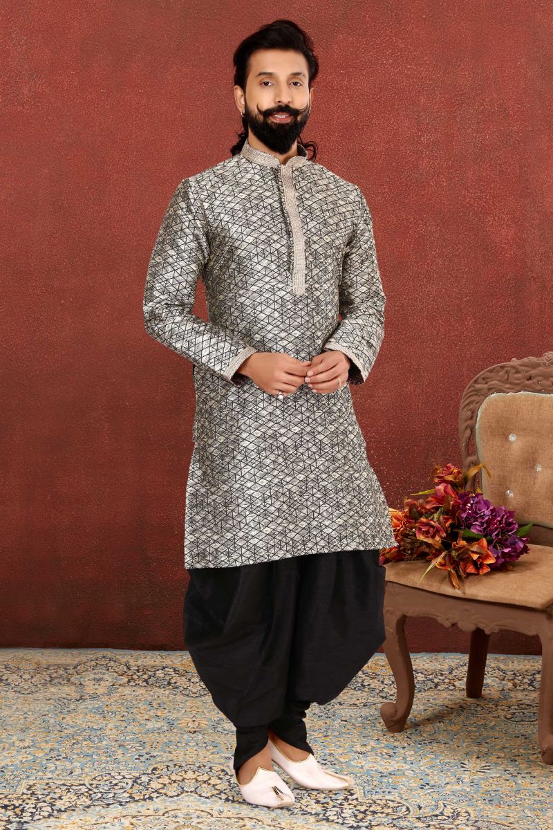 Grey Jacquard Silk Fabric Trendy Readymade Kurta Pyjama For Men