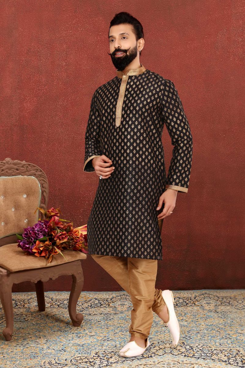 Dhupion Silk Fabric Readymade Men Kurta Pyjama In Black Color