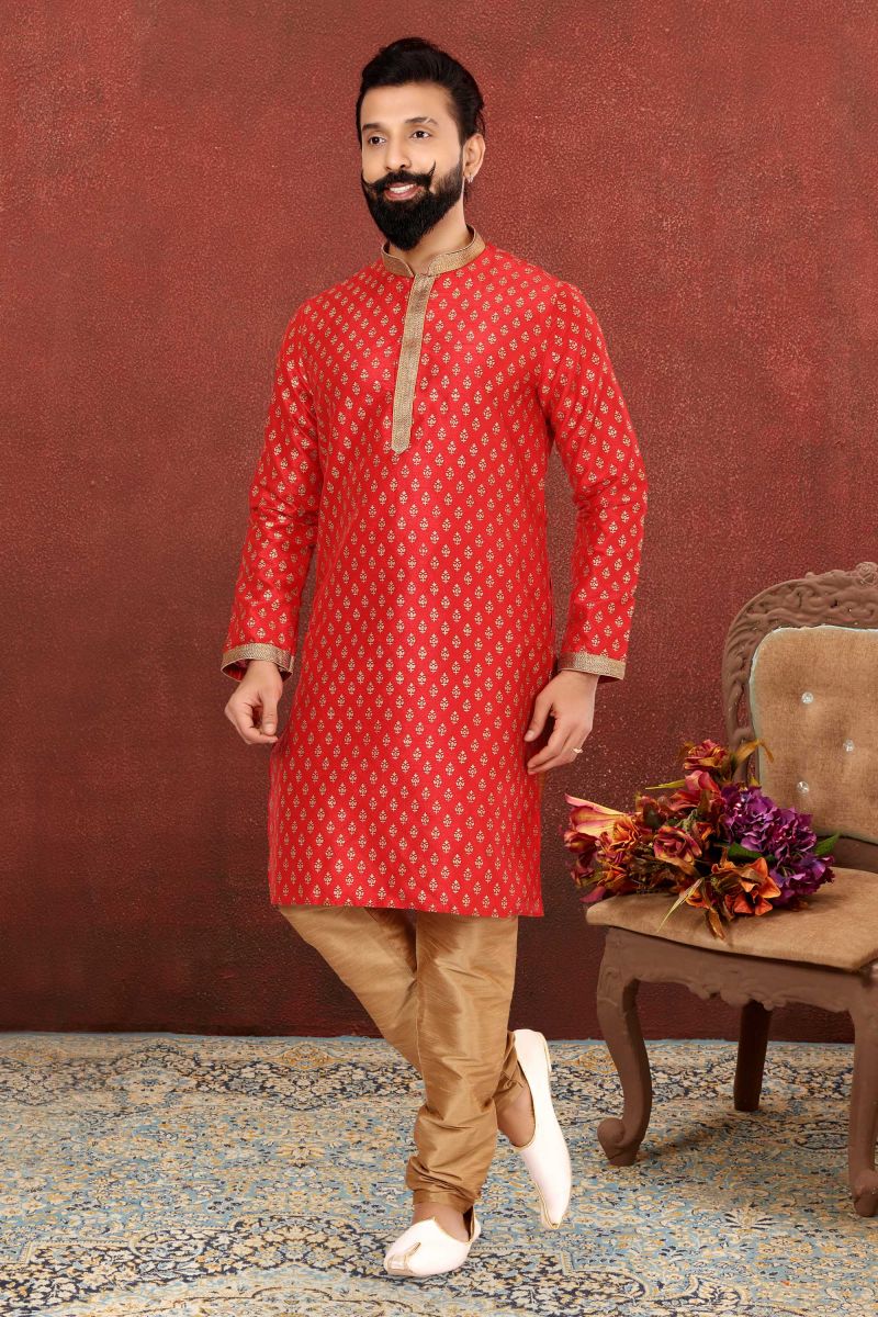 Red Color Readymade Kurta Pyjama For Men In Dhupion Silk Fabric