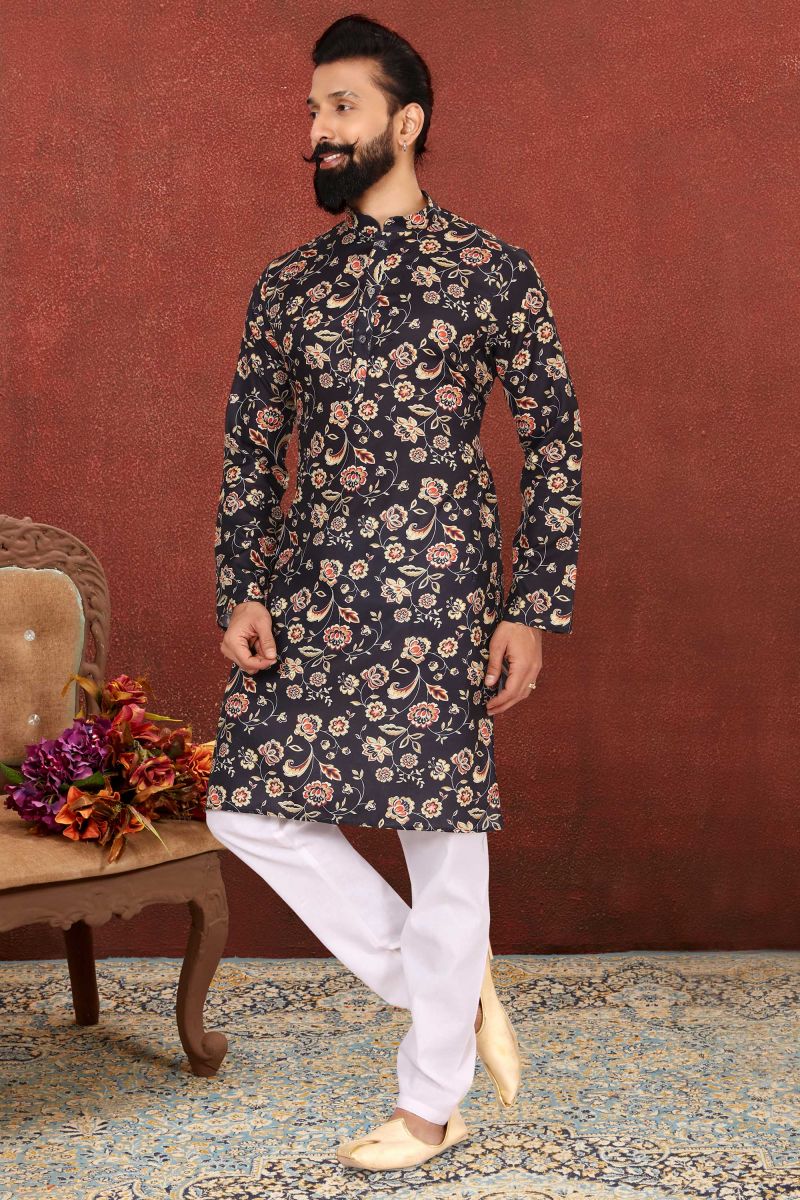 Cotton Fabric Readymade Men Kurta Pyjama In Black Color