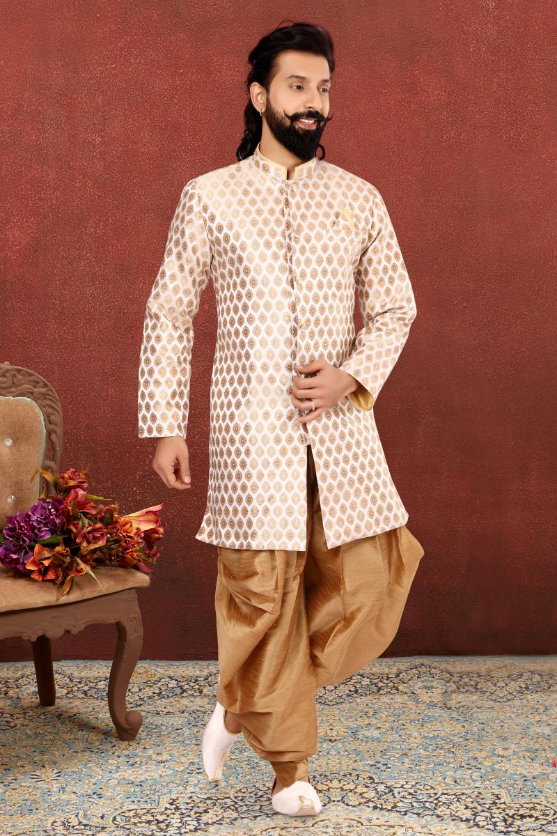 Jacquard Silk Beige Color Wedding Wear Readymade Designer Men Indo Western