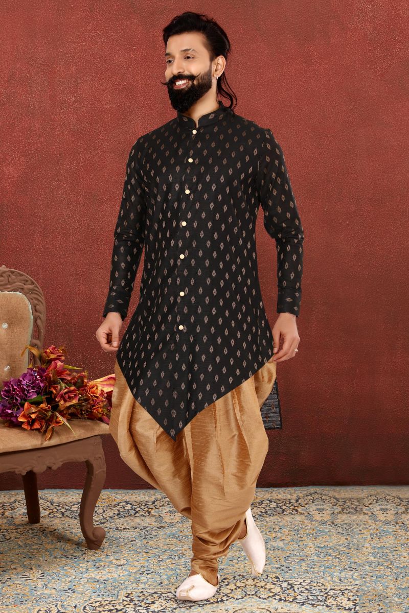 Black Gorgeous Cotton Silk Wedding Wear Readymade Indo Western For Men