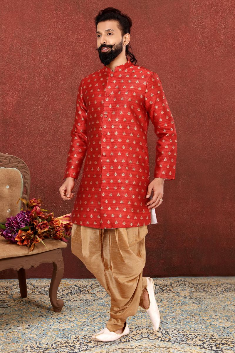 Jacquard Silk Red Wedding Wear Readymade Lovely Indo Western For Men