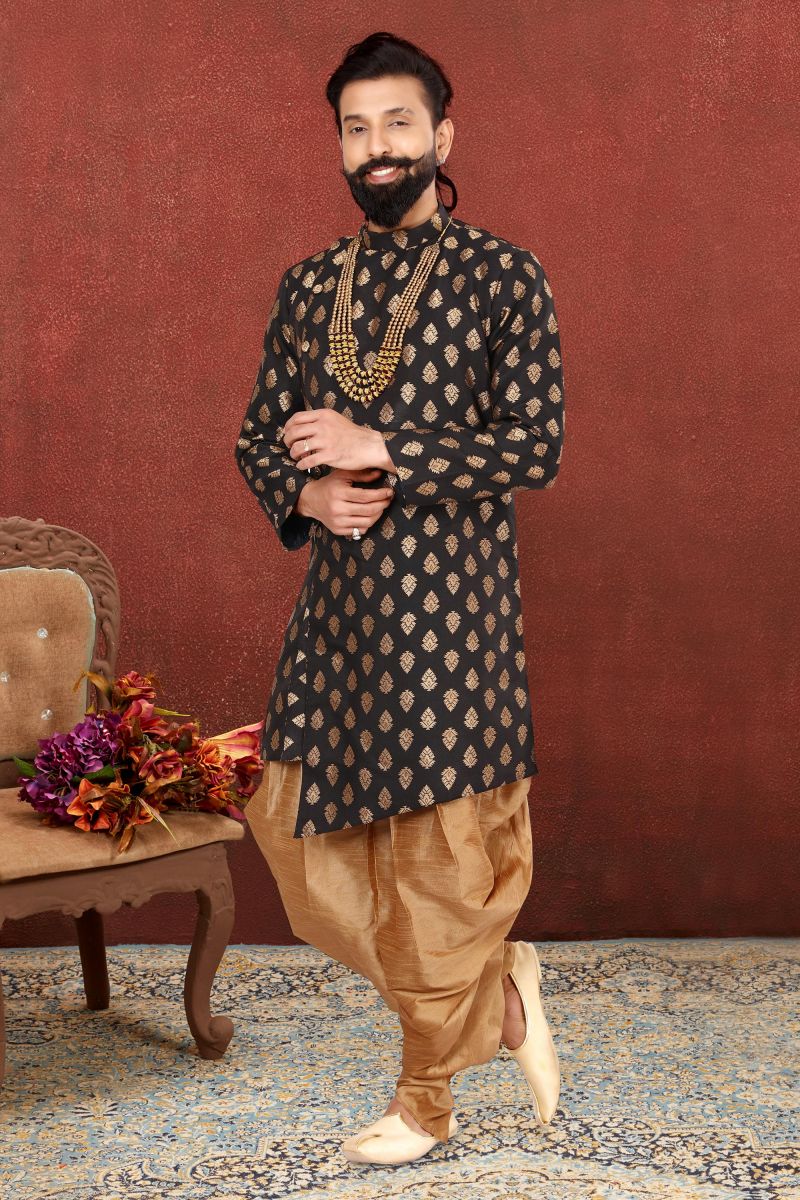 Jacquard Silk Wedding Wear Readymade Men Indo Western In Black Color