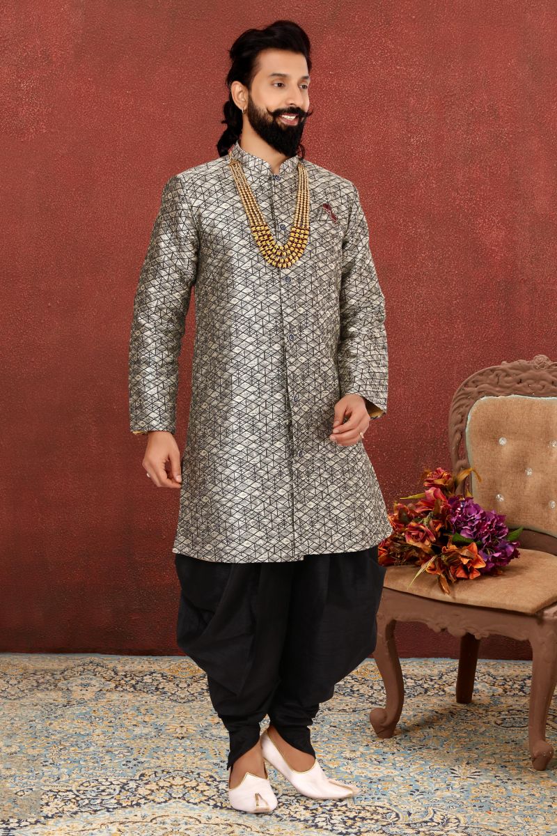 Grey Color Wedding Wear Readymade Indo Western For Men In Jacquard Silk Fabric