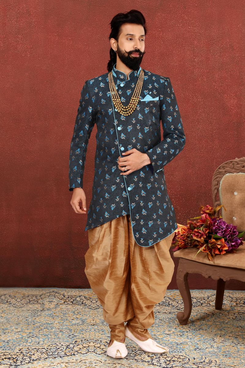 Jacquard Silk Wedding Wear Attractive Readymade Men Indo Western In Blue Color