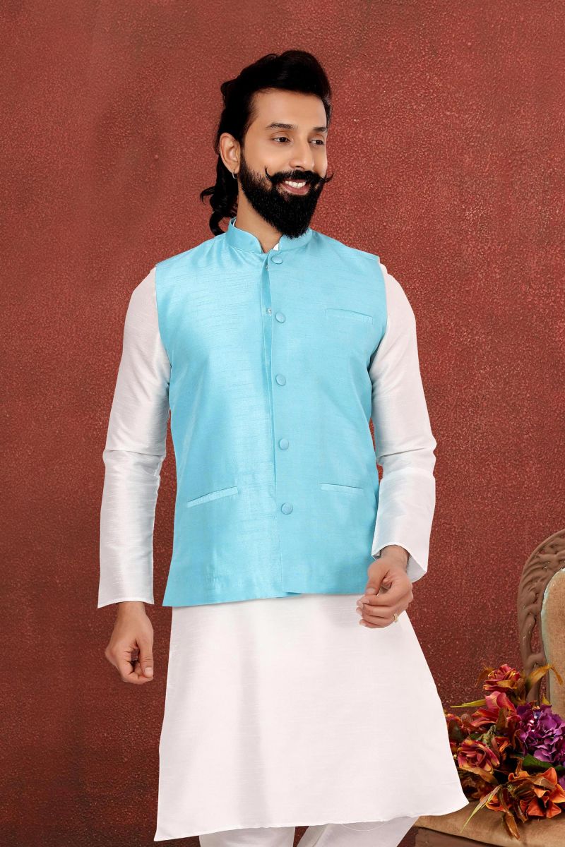 Cyan Dhupion Silk Sangeet Wear Trendy Readymade Jacket For Men