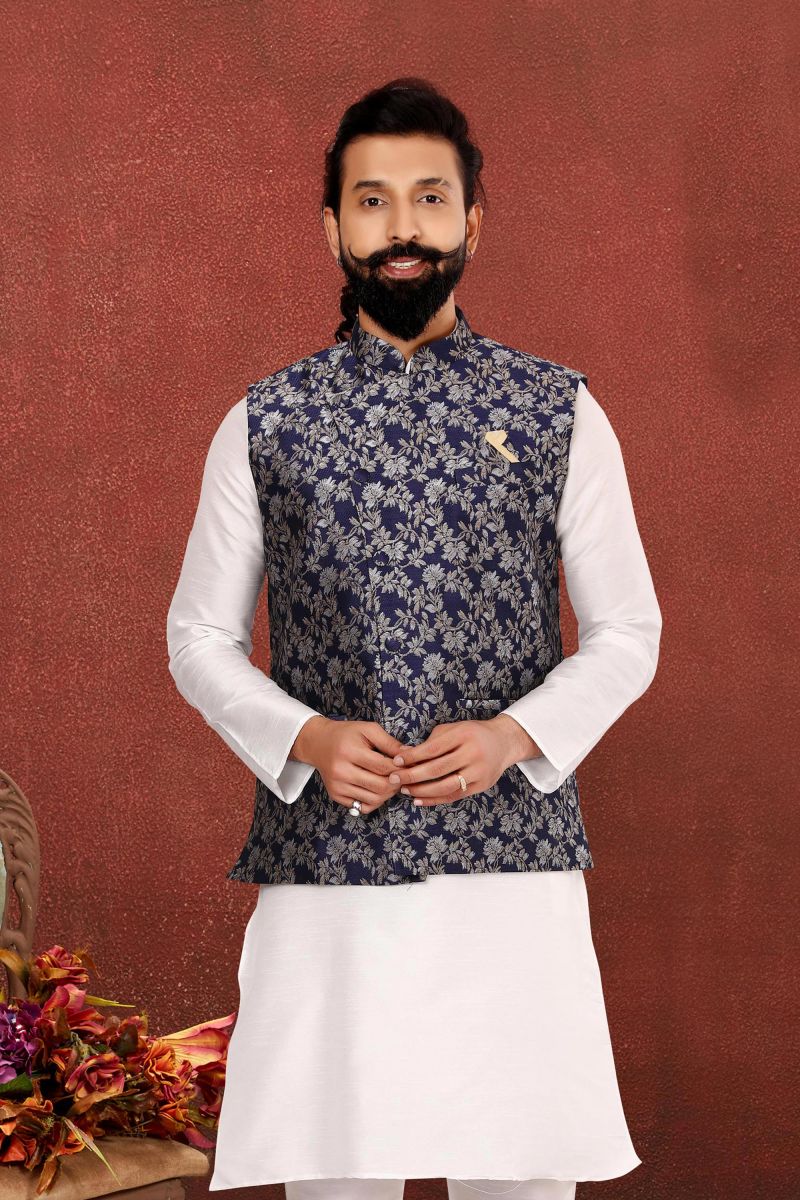 Navy Blue Gorgeous Jacquard Silk Reception Wear Readymade Jacket For Men