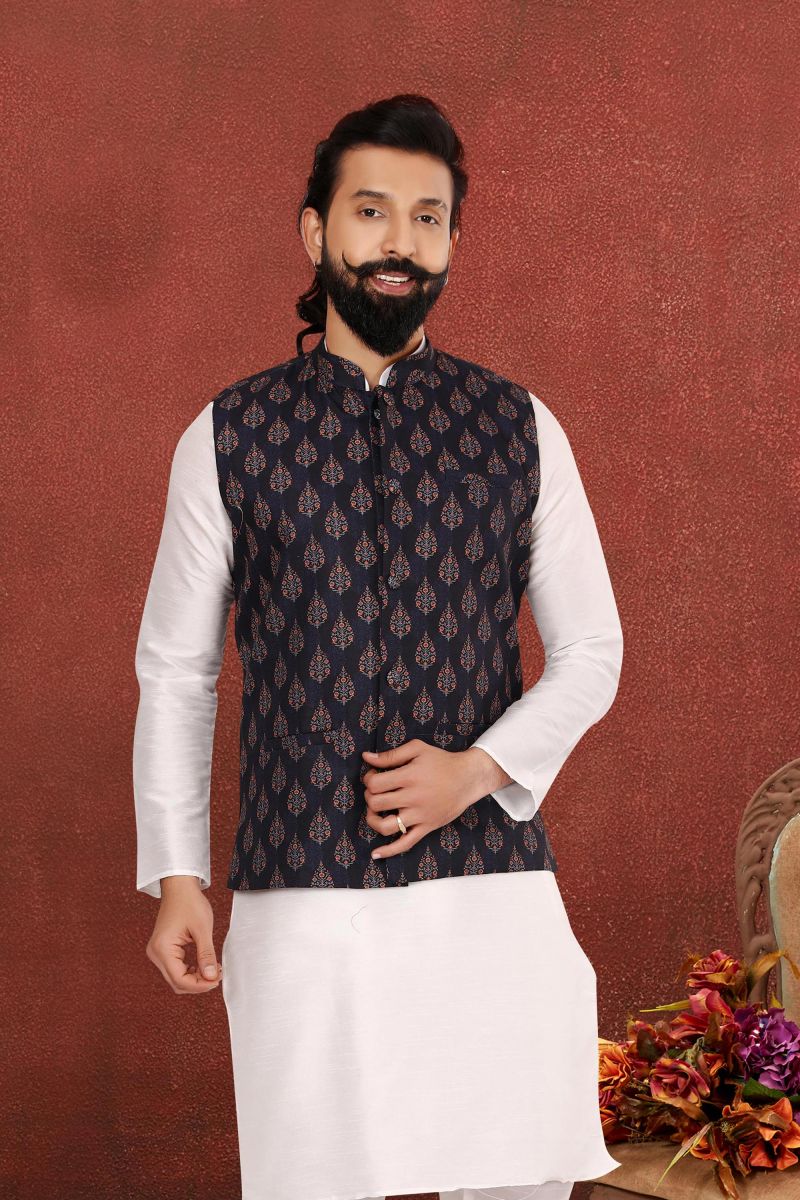 Cotton Navy Blue Festive Wear Readymade Lovely Jacket For Men