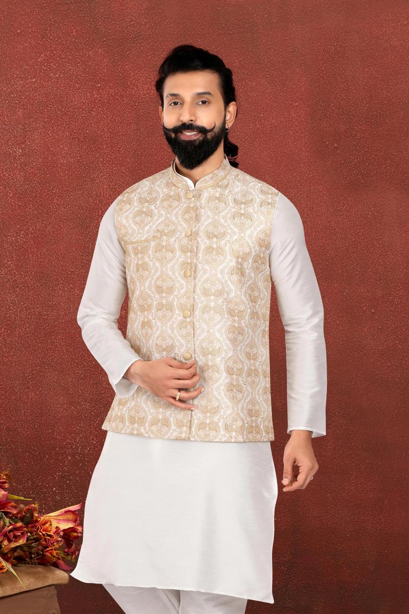 Beige Color Reception Wear Readymade Dhupion Silk Jacket For Men