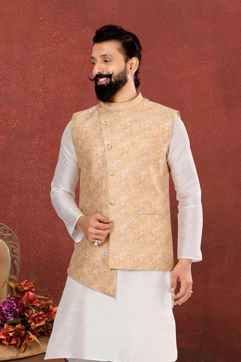 Jacquard Silk Function Wear Readymade Peach Color Jacket For Men