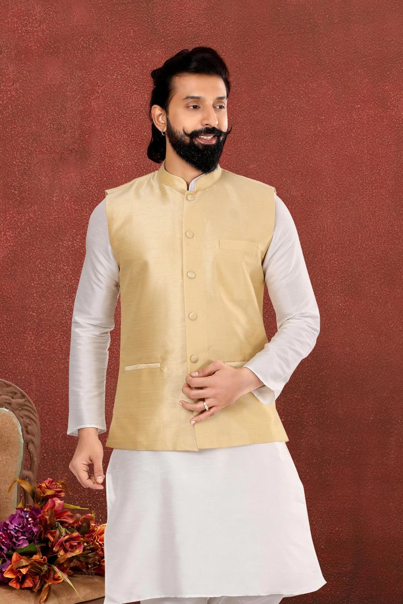 Cream Dhupion Silk Festive Wear Readymade Jacket For Men