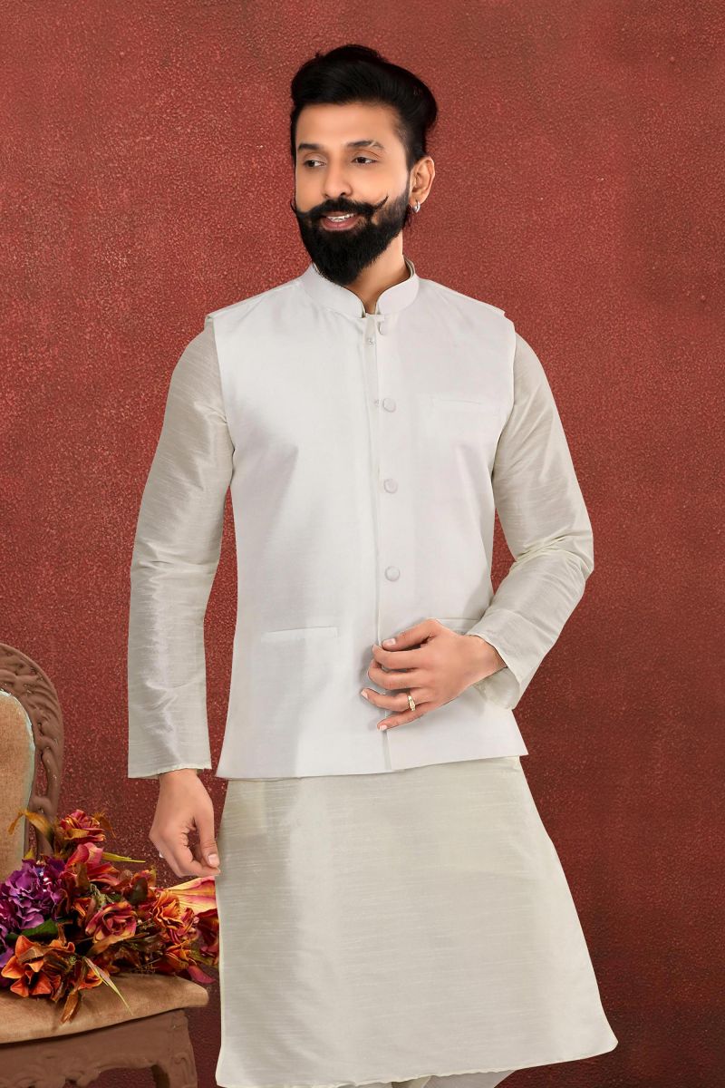 White Color Dhupion Silk Function Wear Readymade Jacket For Men