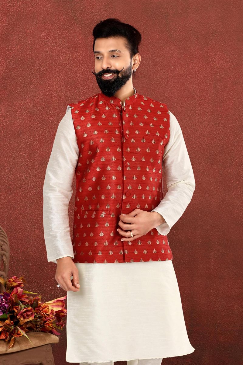 Maroon Color Sangeet Wear Jacquard Silk Designer Readymade Jacket For Men