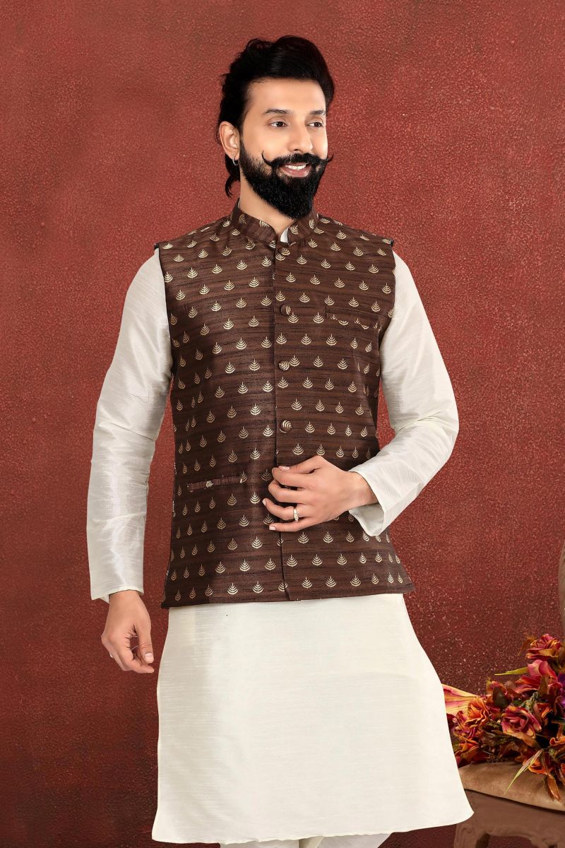 Brown Color Engaging Jacquard Silk Festive Wear Readymade Jacket For Men