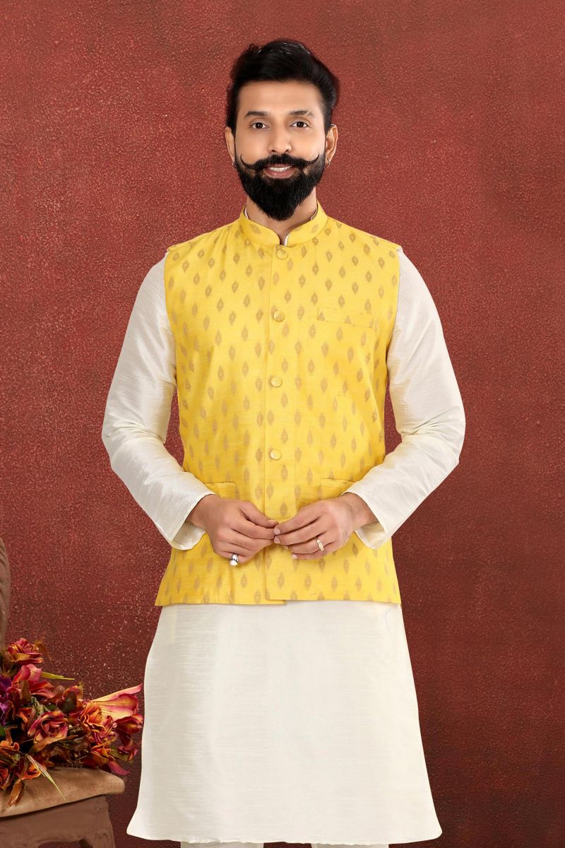 Yellow Color Cotton Silk Festive Wear Captivating Readymade Jacket For Men