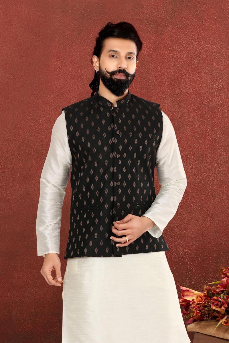 Fetching Black Cotton Silk Sangeet Wear Readymade Jacket For Men