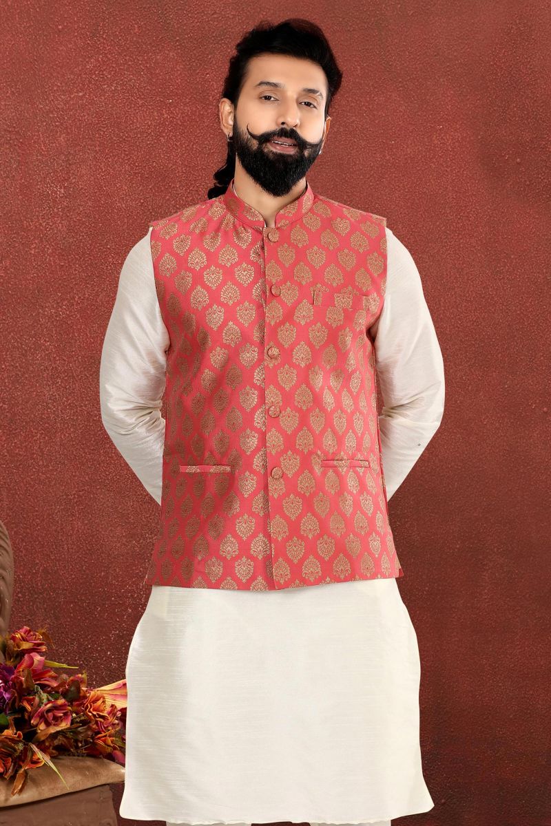 Pink Stunning Jacquard Silk Function Wear Readymade Jacket For Men