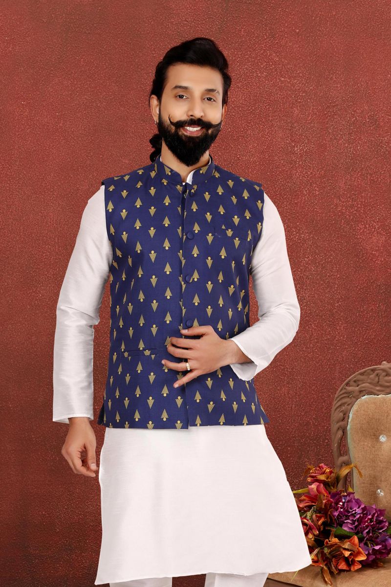 Cotton Print Lovely Blue Color Festive Wear Readymade Jacket For Men