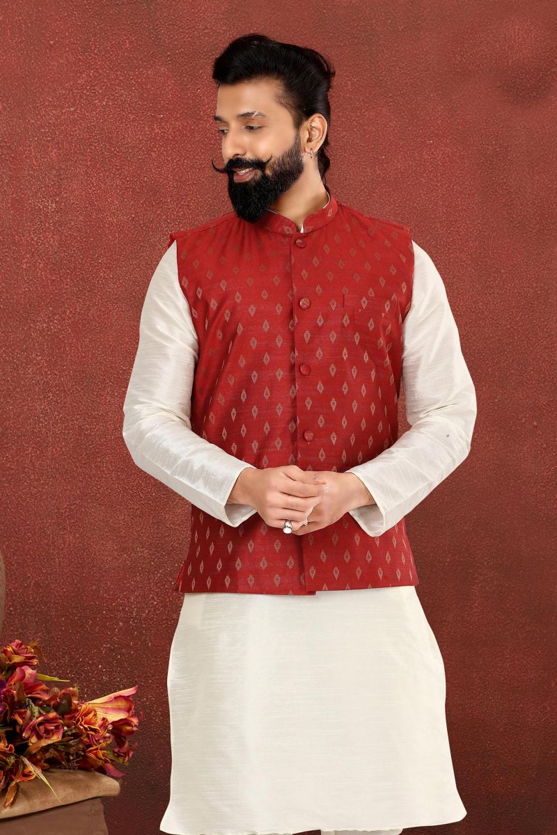 Cotton Silk Maroon Color Sangeet Wear Pretty Readymade Jacket For Men