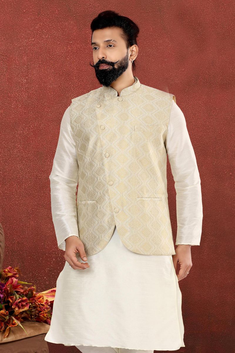 Reception Wear Beige Color Jacquard Silk Attractive Readymade Jacket For Men