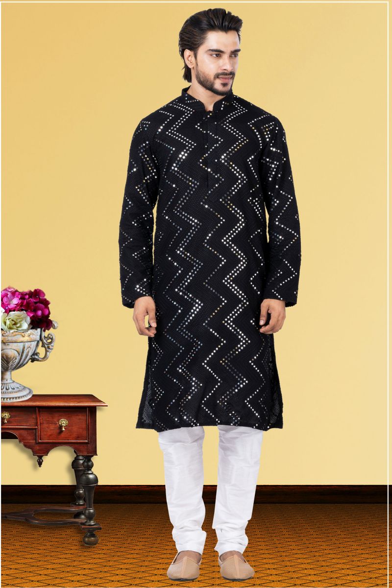 Georgette Black Readymade Designer Men Kurta Pyjama