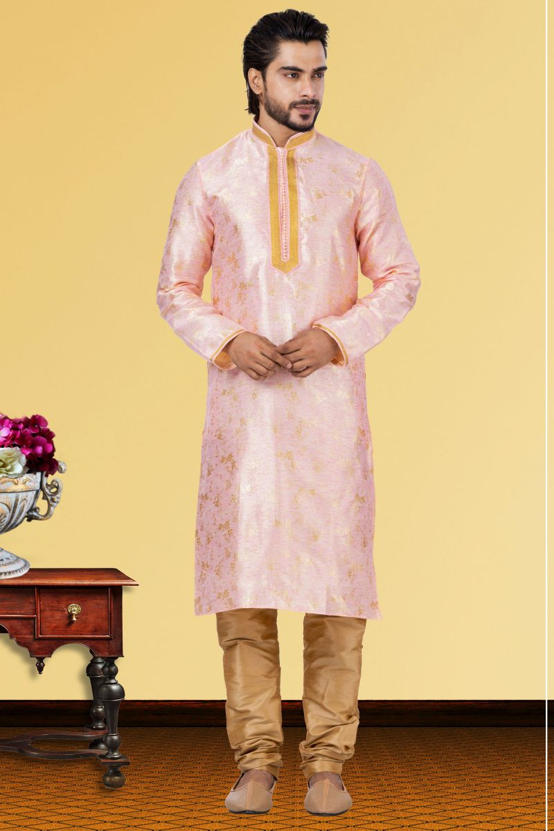 Linen Silk Readymade Kurta Pyjama For Men In Pink Color