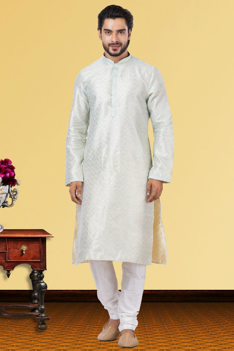 Linen Silk Attractive Readymade Kurta Pyjama For Men In Light Cyan Color