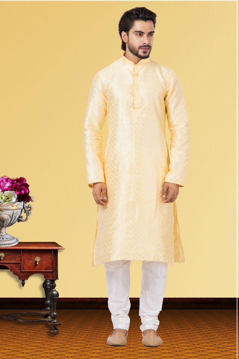 Cream Linen Silk Function Wear Readymade Kurta Pyjama For Men