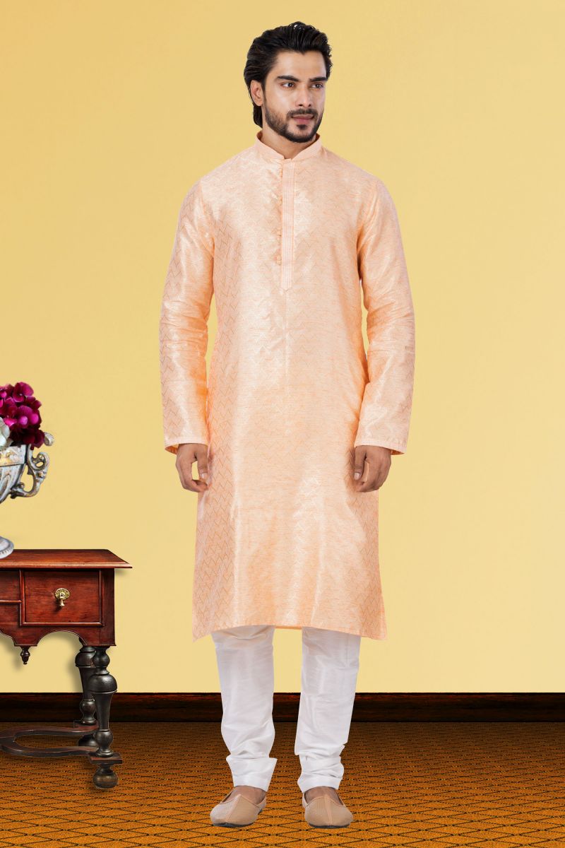 Linen Silk Peach Festive Wear Readymade Men Stylish Kurta Pyjama