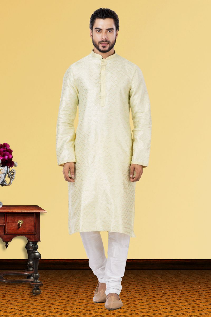 Sea Green Linen Silk Sangeet Wear Trendy Readymade Kurta Pyjama For Men